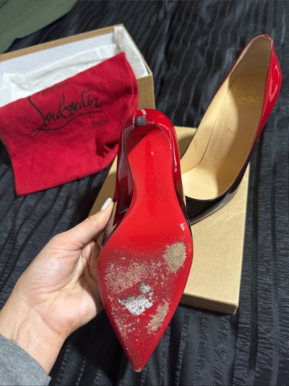 Christian Louboutin Two-Tone Patent Pumps in Red and Black - Picture 4 of 13